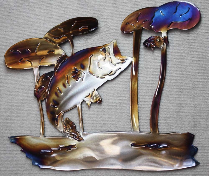 bass,trout,bream,perch,sunfish,sac au lait, lillies,metal,art