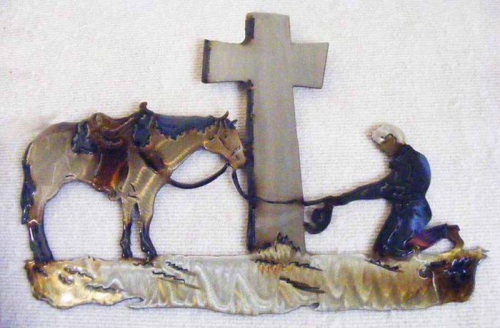 cowboy,prayer,horse,cross,cowboy,kneeling,western, spiritual,metal,art