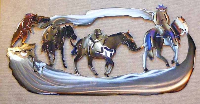 western,pack,horse,grizzly,bear,cowboy,hunting,metal,art