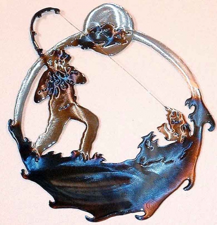 fisherman,trout,stream,mountain,wade,fishing,metal,wall,art