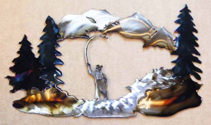 mountain,forest,fishing,stream,metal,art