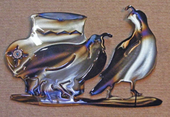 southwestern,metal,art,vase,quail,bird,symbol