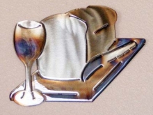 bread,wine,cutting,board,glass,knife,kitchen,wall,art